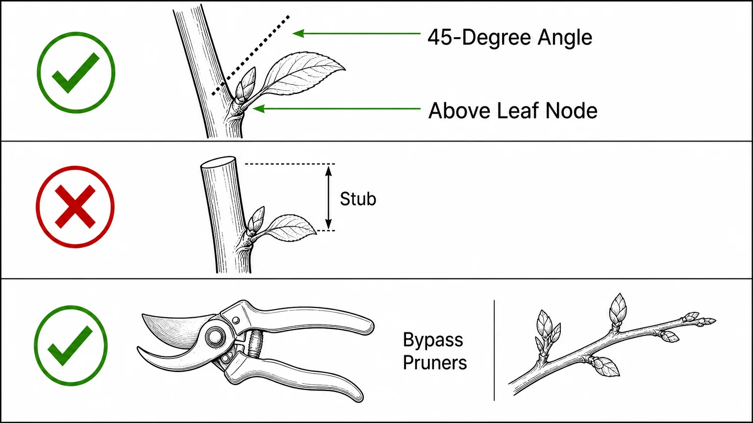An instructional diagram showing the correct 45-degree angle for pruning a plant stem to encourage new growth.