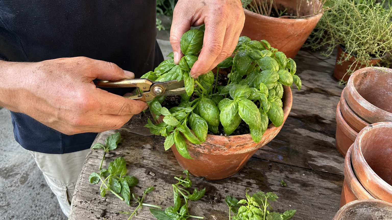 An overhead snapshot of hands using brass shears to prune fresh basil in a terracotta pot on a rustic table.