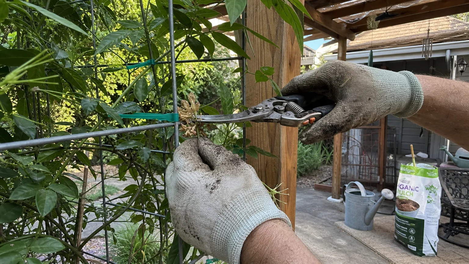 Close-up of a person's gloved hands pruning a jasmine vine on a wire trellis with garden shears.