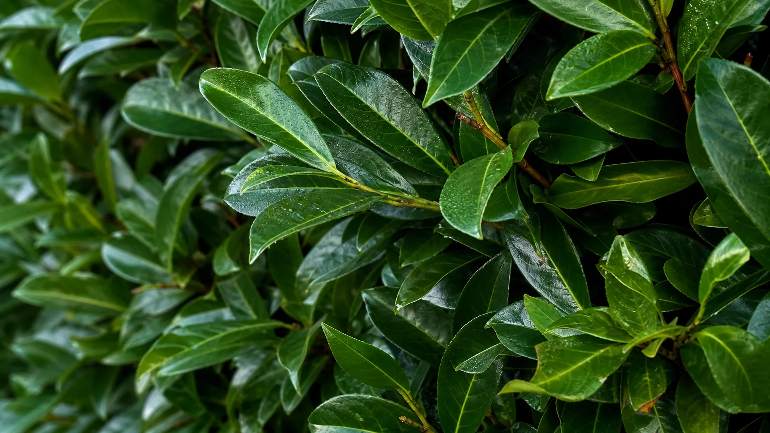 Close-up photo of dense, glossy green Cherry Laurel leaves forming a thick, private hedge.