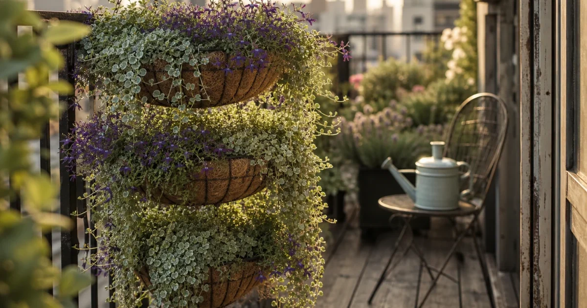 Lush hanging baskets with silver and purple trailing plants cascading over a small urban apartment balcony during golden hour.