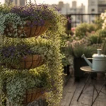 Lush hanging baskets with silver and purple trailing plants cascading over a small urban apartment balcony during golden hour.