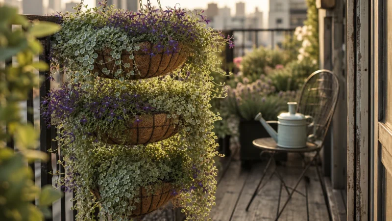 Lush hanging baskets with silver and purple trailing plants cascading over a small urban apartment balcony during golden hour.