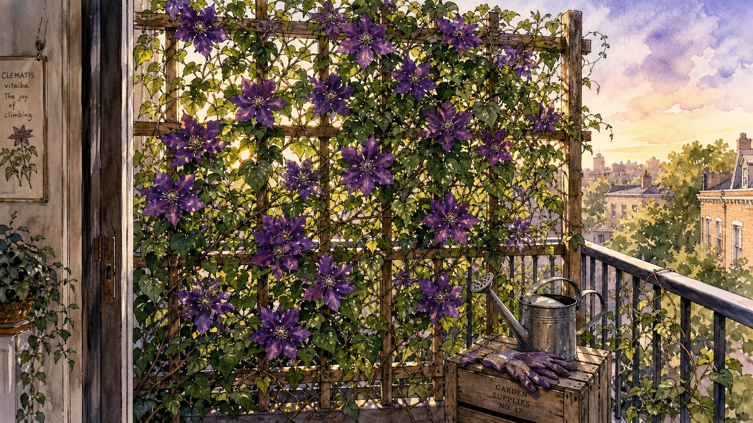 Watercolor illustration of purple flowering vines growing up a trellis on a small apartment balcony railing.