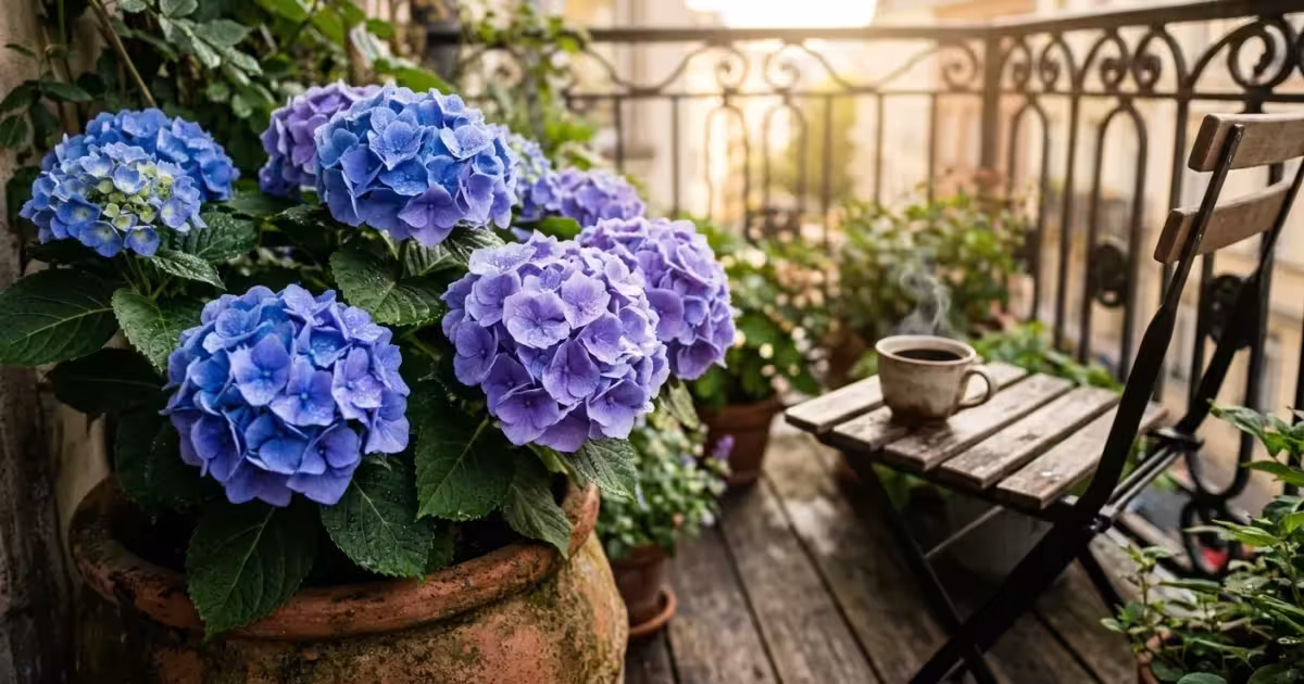 A beautiful urban balcony garden featuring vibrant blue and purple hydrangeas in terracotta pots under soft morning sunlight.
