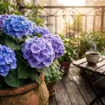 A beautiful urban balcony garden featuring vibrant blue and purple hydrangeas in terracotta pots under soft morning sunlight.