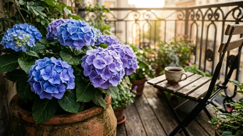 A beautiful urban balcony garden featuring vibrant blue and purple hydrangeas in terracotta pots under soft morning sunlight.