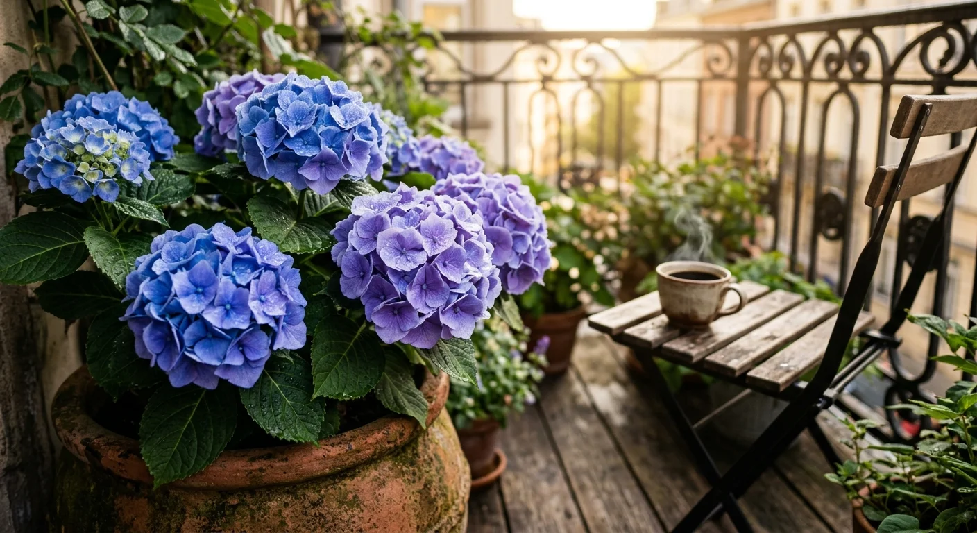 A beautiful urban balcony garden featuring vibrant blue and purple hydrangeas in terracotta pots under soft morning sunlight.