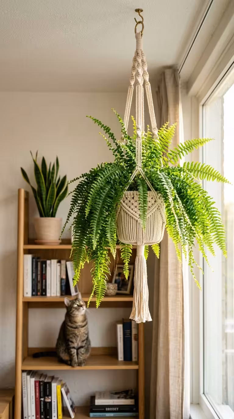 A Boston fern in a macrame hanger near a window with a cat sitting on a bookshelf in the background.