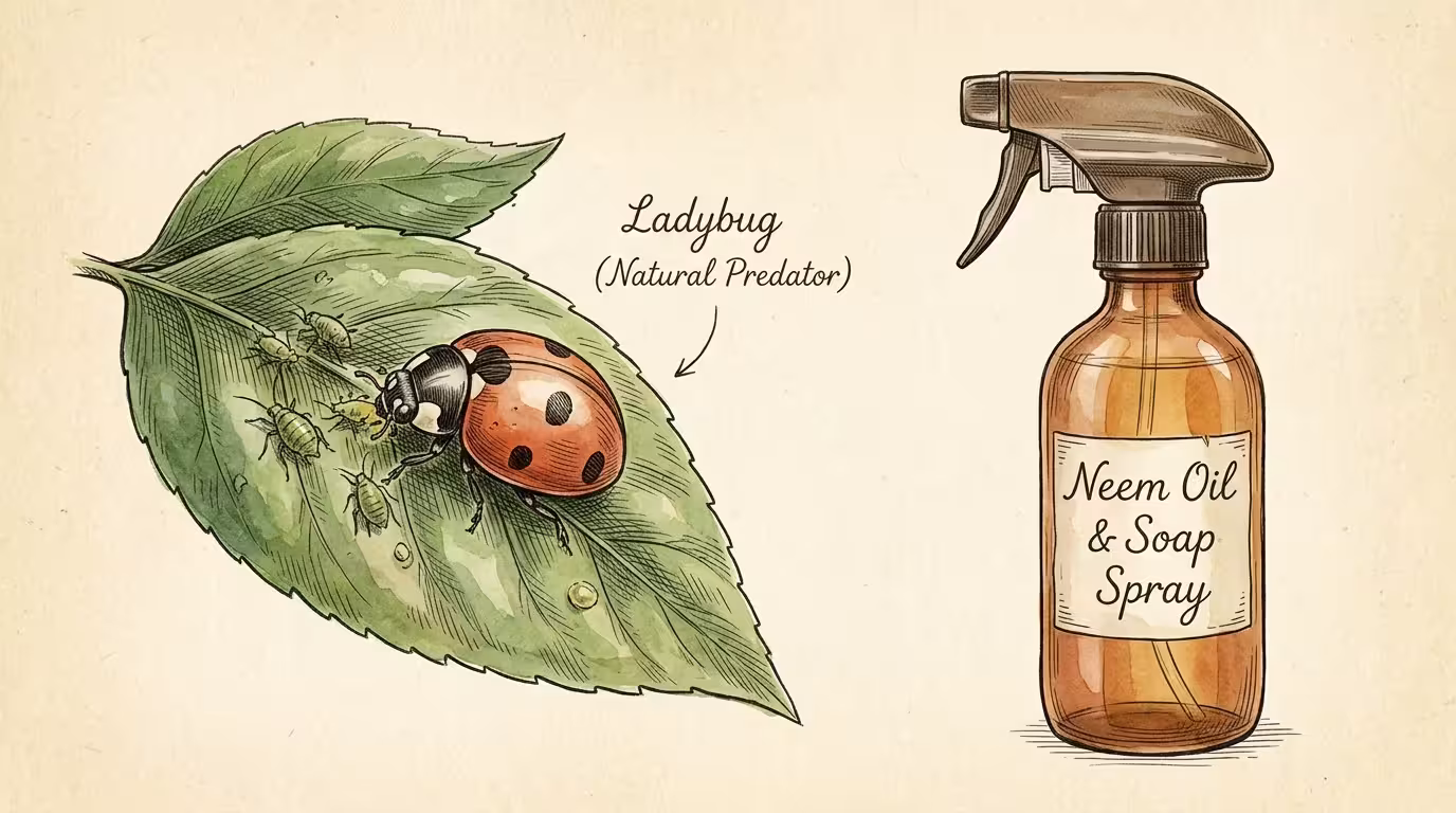 A botanical watercolor illustration of a ladybug eating aphids on a leaf alongside an amber spray bottle labeled Neem Oil.