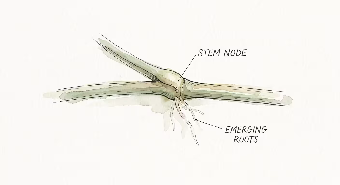 A botanical watercolor illustration of a plant stem with ink labels pointing to the stem node and emerging roots.