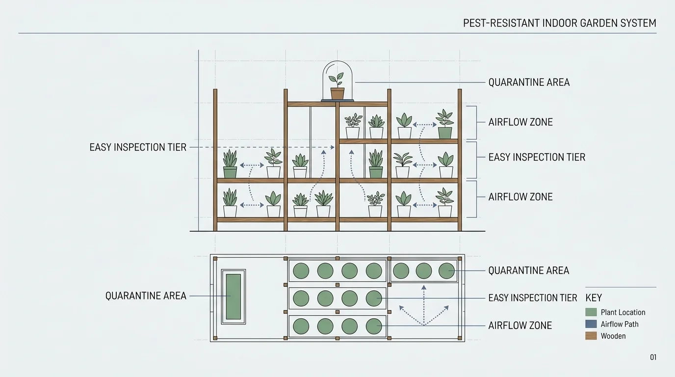 A clean, minimalist schematic diagram of a plant shelving layout designed for optimal airflow and pest prevention.