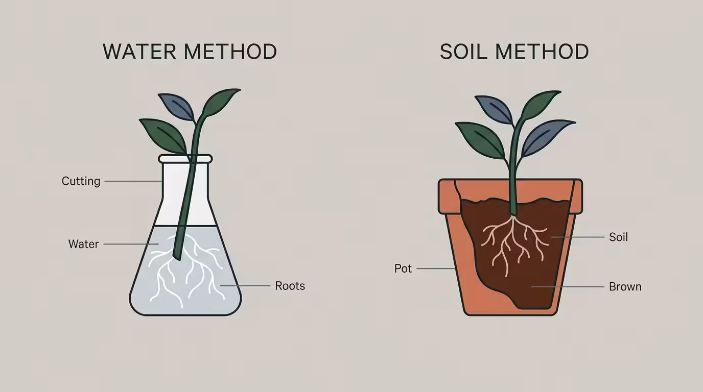 A clean side-by-side diagram comparing water propagation in a glass flask with soil propagation in a terracotta pot.