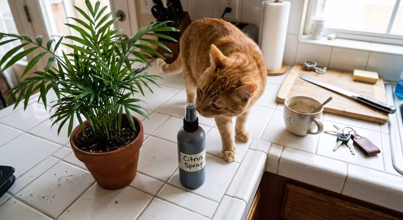 A close-up of a kitchen counter with a spray bottle labeled 'Citrus Spray' next to a parlor palm, with a cat sniffing it.
