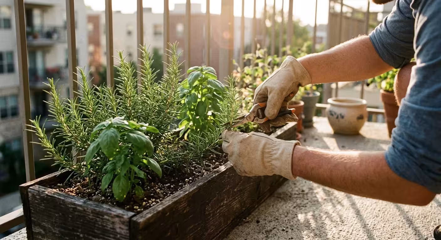 A close-up of gloved hands cutting a sprig of rosemary from a wooden balcony planter box in warm afternoon sunlight.