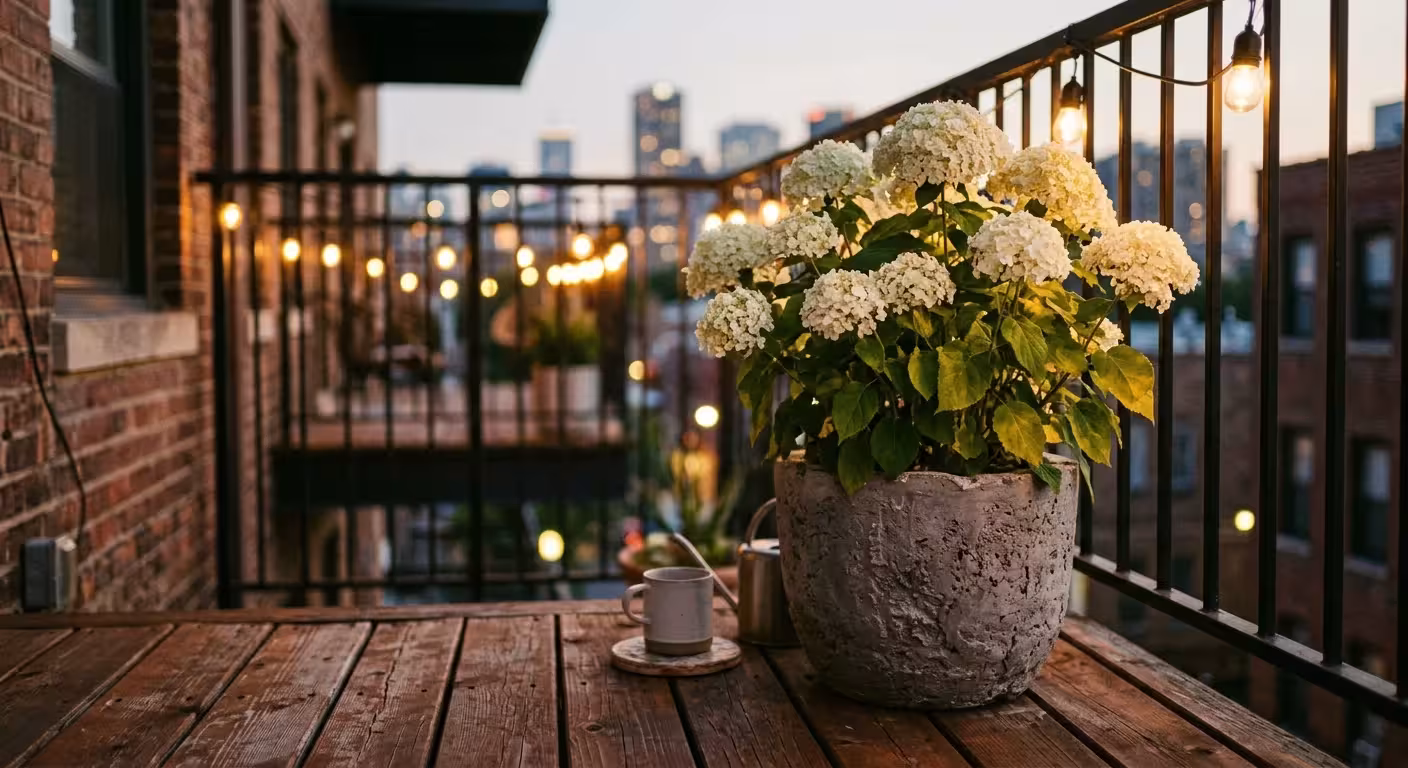 A compact white hydrangea blooming in a concrete pot on a cozy urban apartment balcony at sunset.