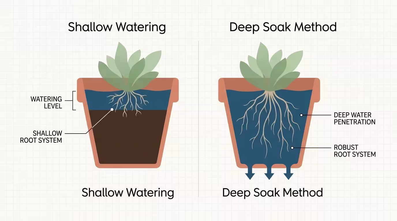A cross-section diagram comparing shallow watering, which leads to weak roots, with the deep soak method that promotes deep, healthy roots.