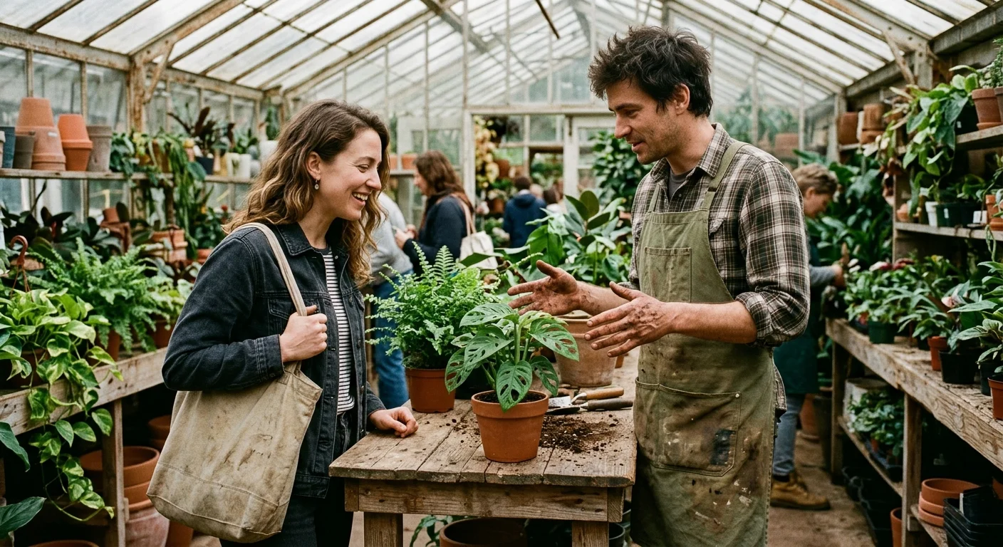 A customer chatting warmly with a plant store employee wearing a canvas apron in a sunlit greenhouse.