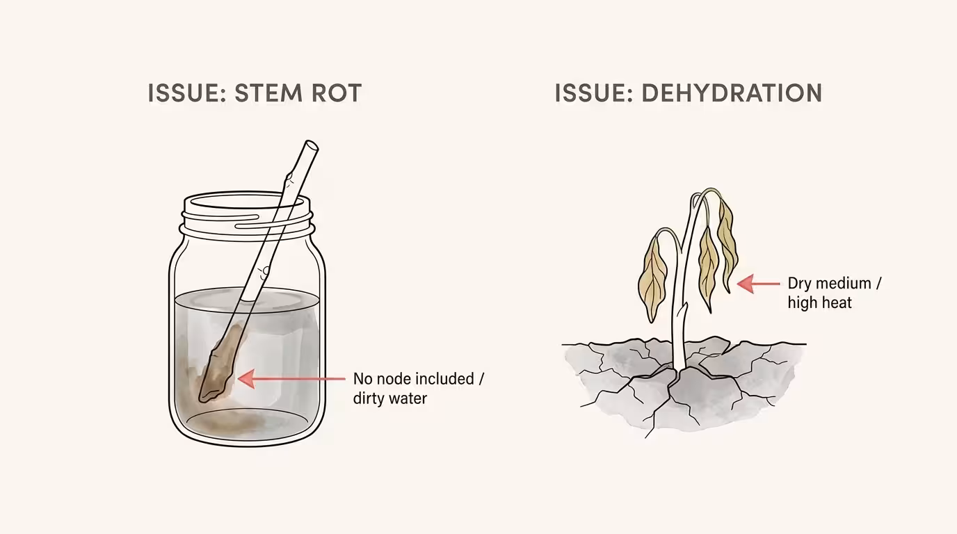 A diagnostic diagram showing 'Stem Rot' on a murky water cutting and 'Dehydration' on a wilted soil cutting with pointers.