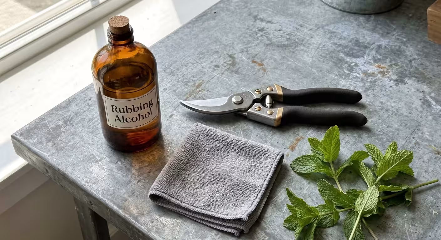 A flat lay of carbon steel pruning shears, an amber bottle of rubbing alcohol, a gray cleaning cloth, and mint cuttings on a zinc tabletop.