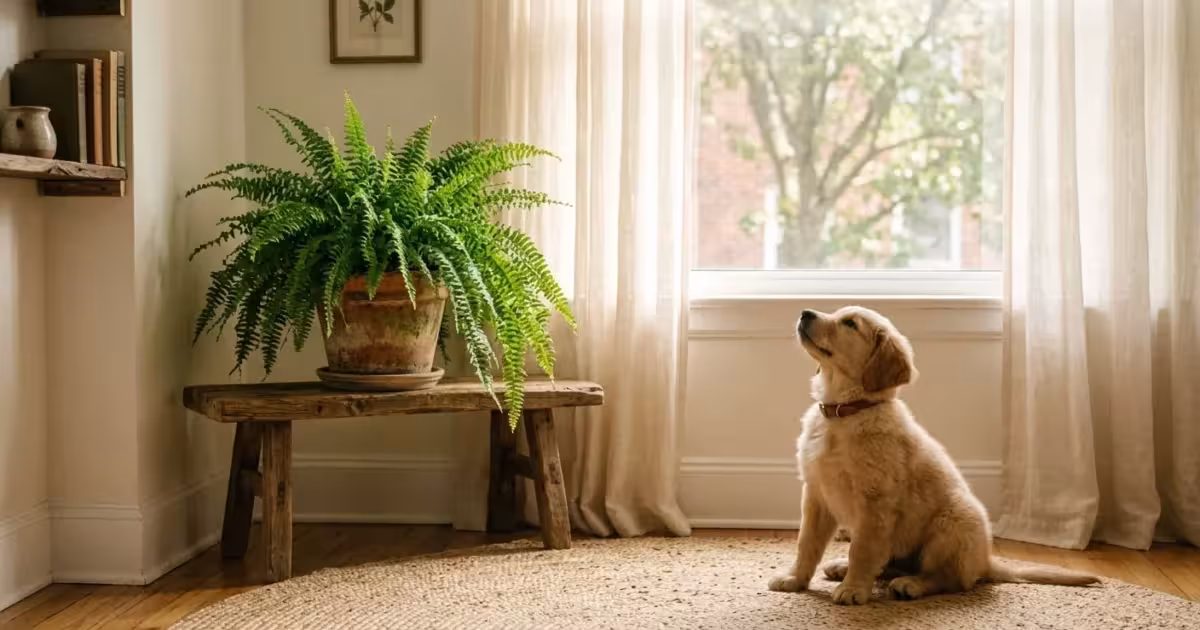 A golden retriever puppy sitting next to a lush Boston fern in a sunny apartment living room.