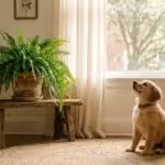 A golden retriever puppy sitting next to a lush Boston fern in a sunny apartment living room.