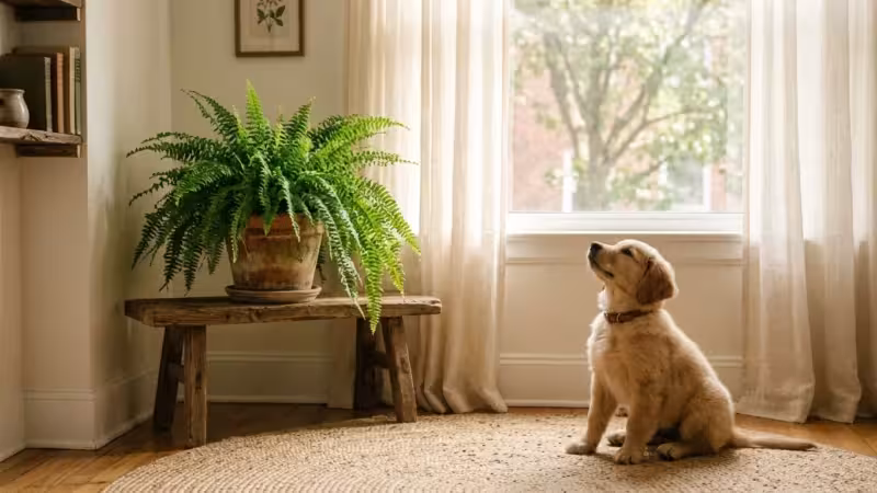 A golden retriever puppy sitting next to a lush Boston fern in a sunny apartment living room.