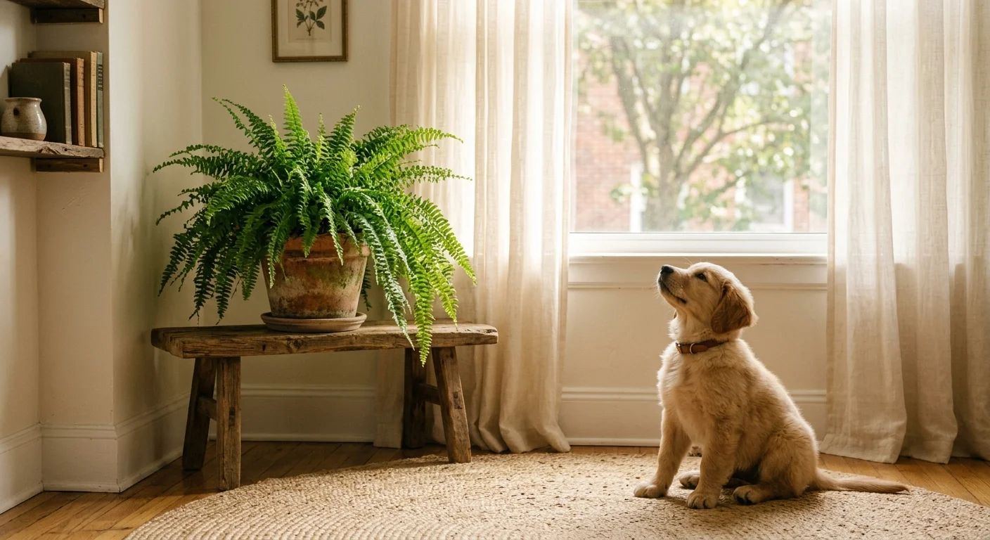 A golden retriever puppy sitting next to a lush Boston fern in a sunny apartment living room.