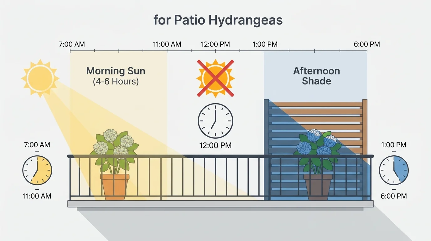 A graphic diagram illustrating a hydrangea receiving morning sun and afternoon shade on a patio.