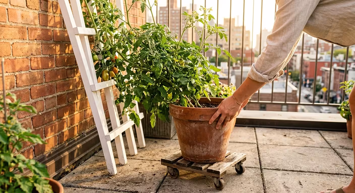 A hand rolls a potted tomato plant on a wheeled caddy across a sunny balcony, maximizing sunlight exposure.
