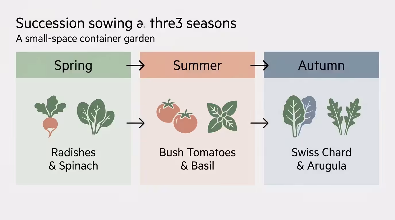 A horizontal timeline diagram showing a crop rotation plan for Spring, Summer, and Autumn in a small container garden.