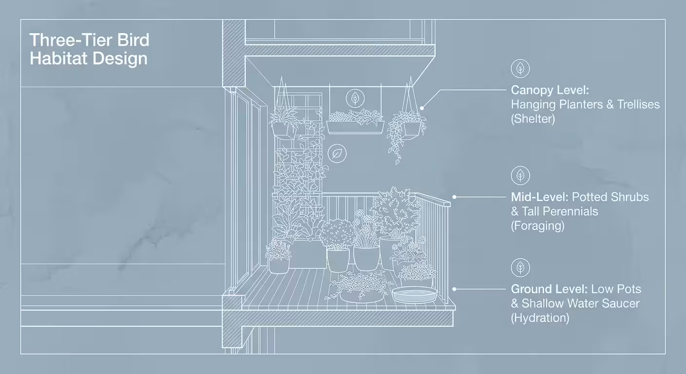 A landscape design diagram illustrating the three-tier vertical garden layout for maximum bird habitat efficiency.