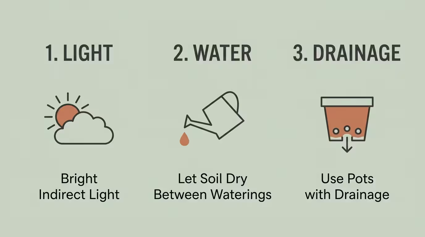 A minimalist green and terracotta infographic detailing plant care tips: light, watering, and drainage.