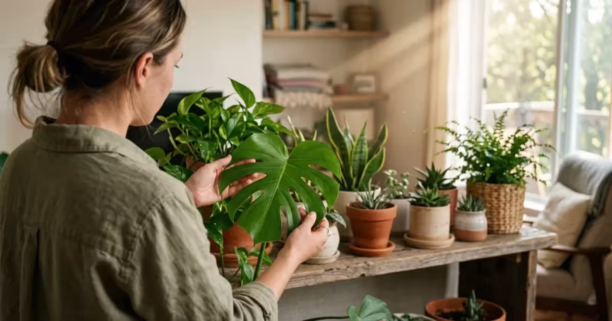 A person gently inspects a green monstera leaf under warm afternoon light in a cozy apartment filled with houseplants.
