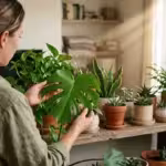 A person gently inspects a green monstera leaf under warm afternoon light in a cozy apartment filled with houseplants.