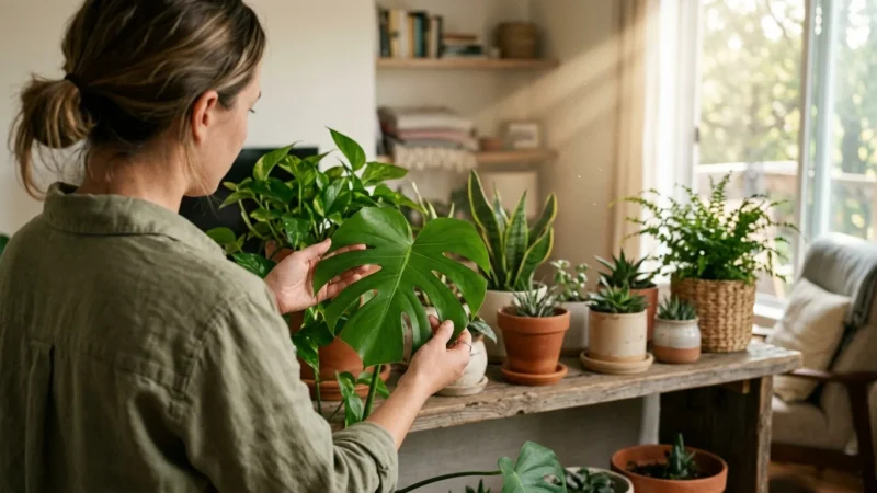 A person gently inspects a green monstera leaf under warm afternoon light in a cozy apartment filled with houseplants.