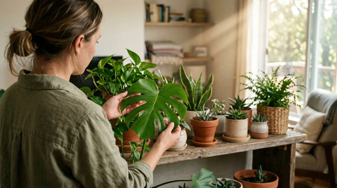 A person gently inspects a green monstera leaf under warm afternoon light in a cozy apartment filled with houseplants.