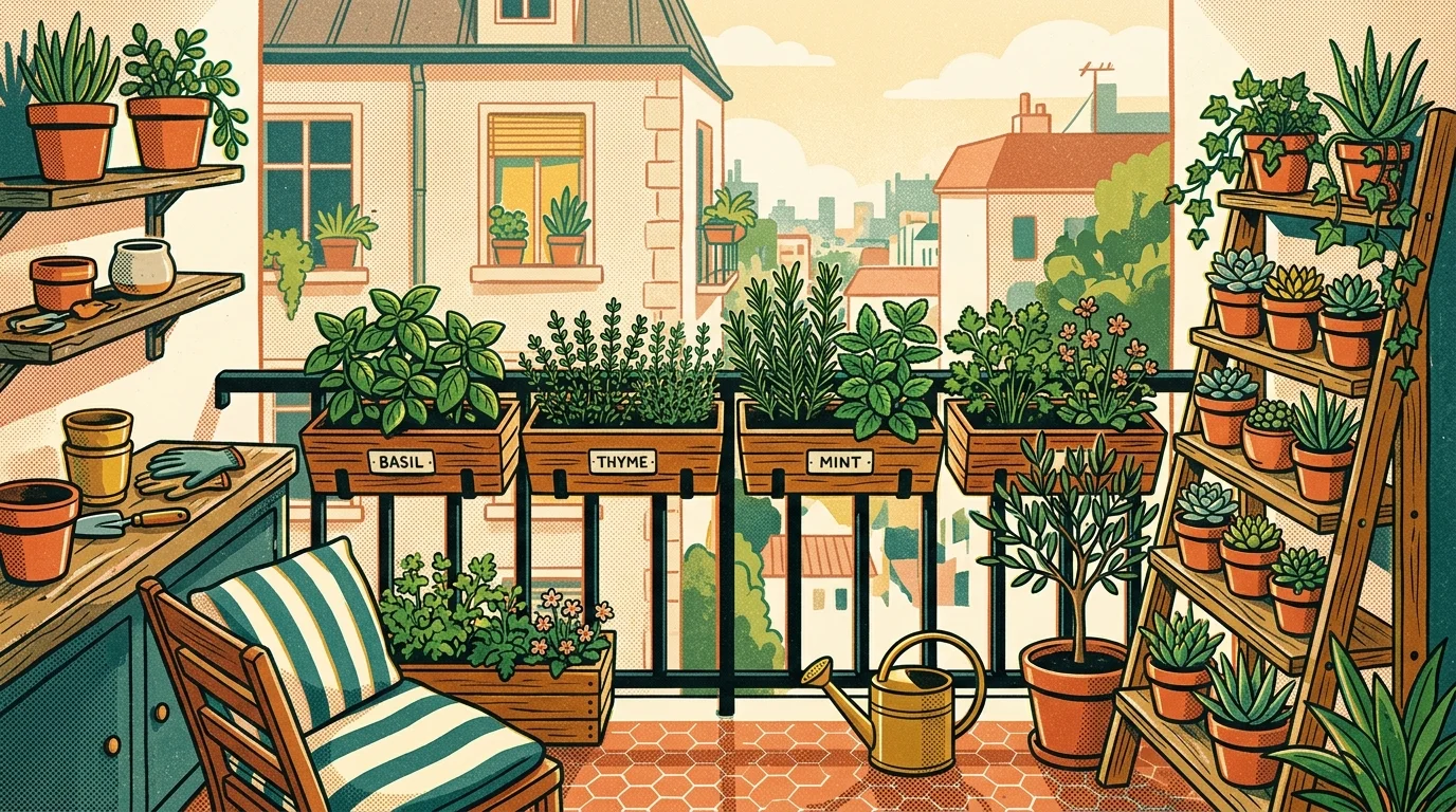 A risograph-style illustration of a small apartment balcony efficiently organized with vertical planters and herbs.