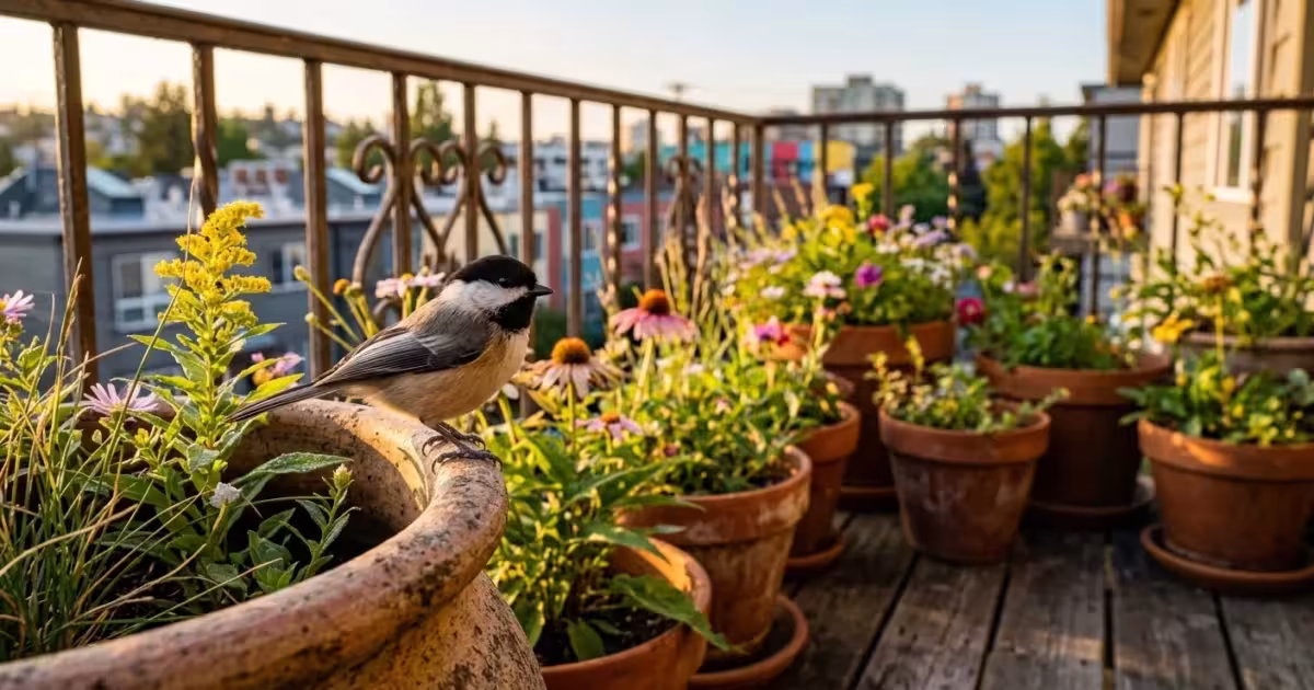 A small urban balcony garden filled with potted native flowers, where a black-capped chickadee perches on a terracotta pot.