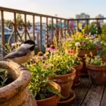 A small urban balcony garden filled with potted native flowers, where a black-capped chickadee perches on a terracotta pot.