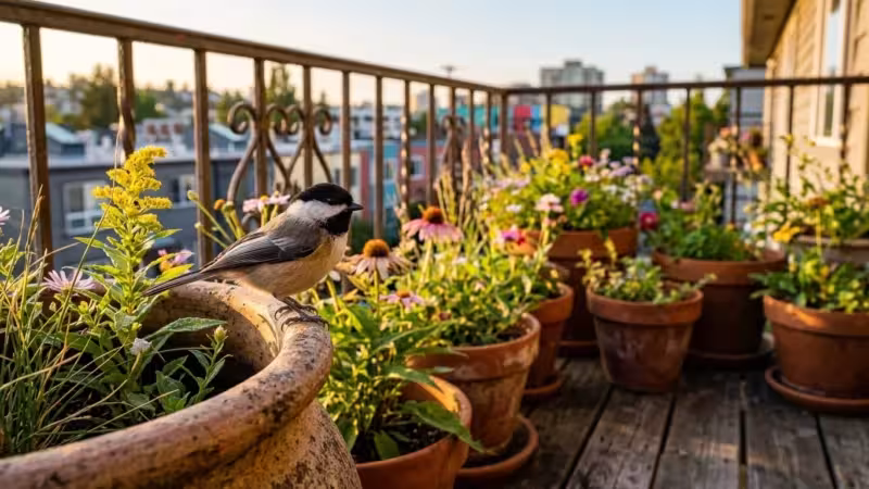 A small urban balcony garden filled with potted native flowers, where a black-capped chickadee perches on a terracotta pot.