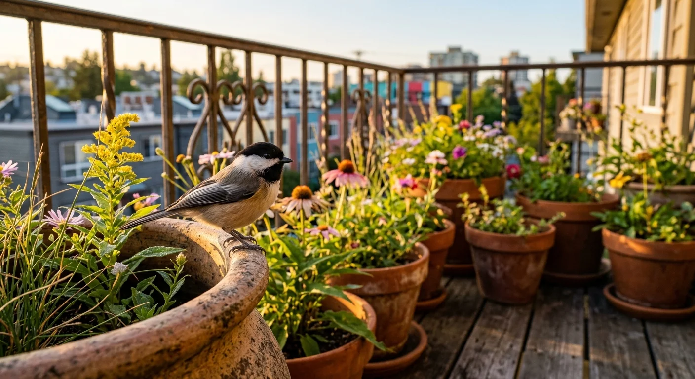 A small urban balcony garden filled with potted native flowers, where a black-capped chickadee perches on a terracotta pot.