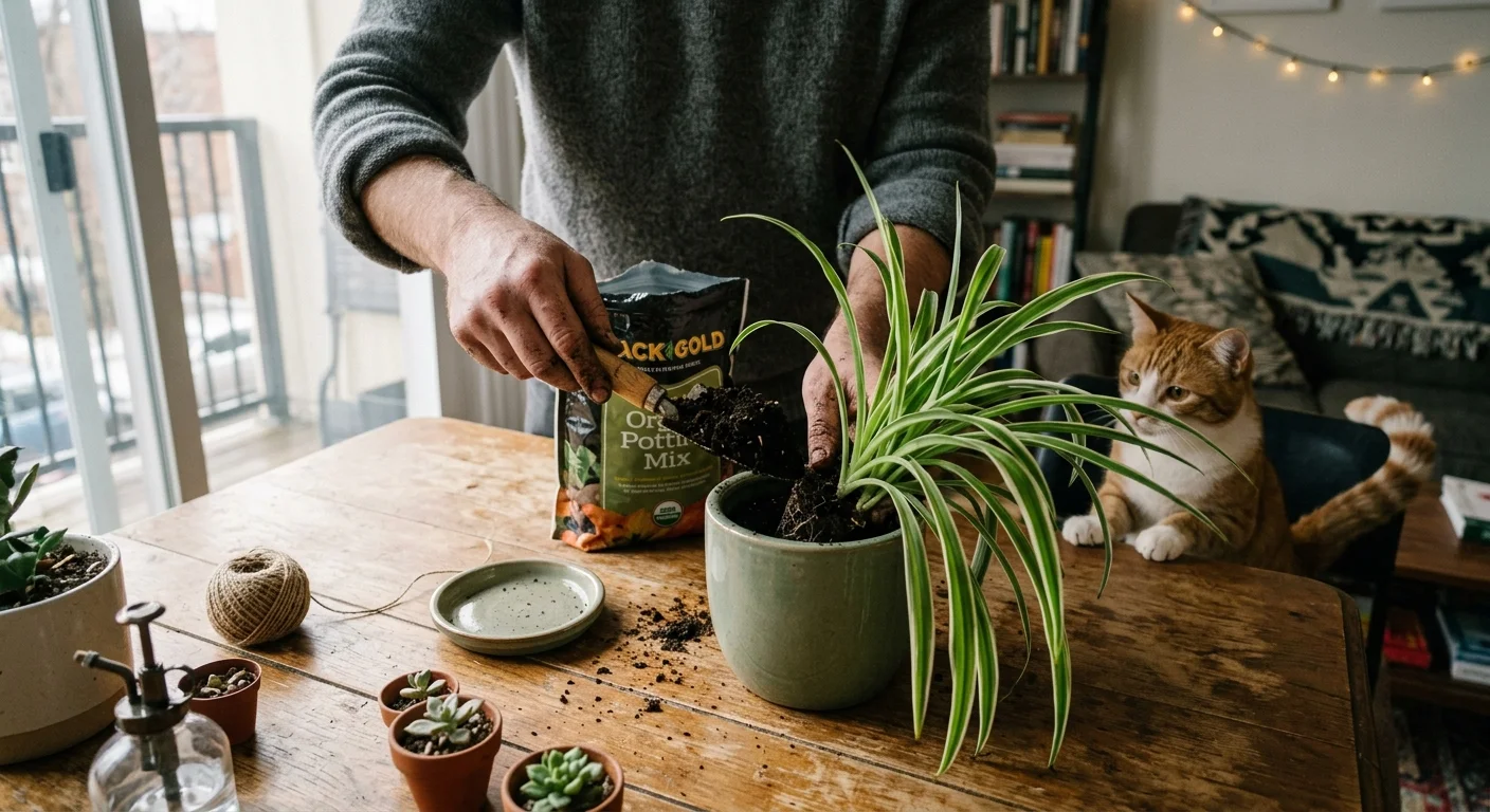 A top-down view of hands repotting a spider plant on a wooden table with potting soil and gardening tools.