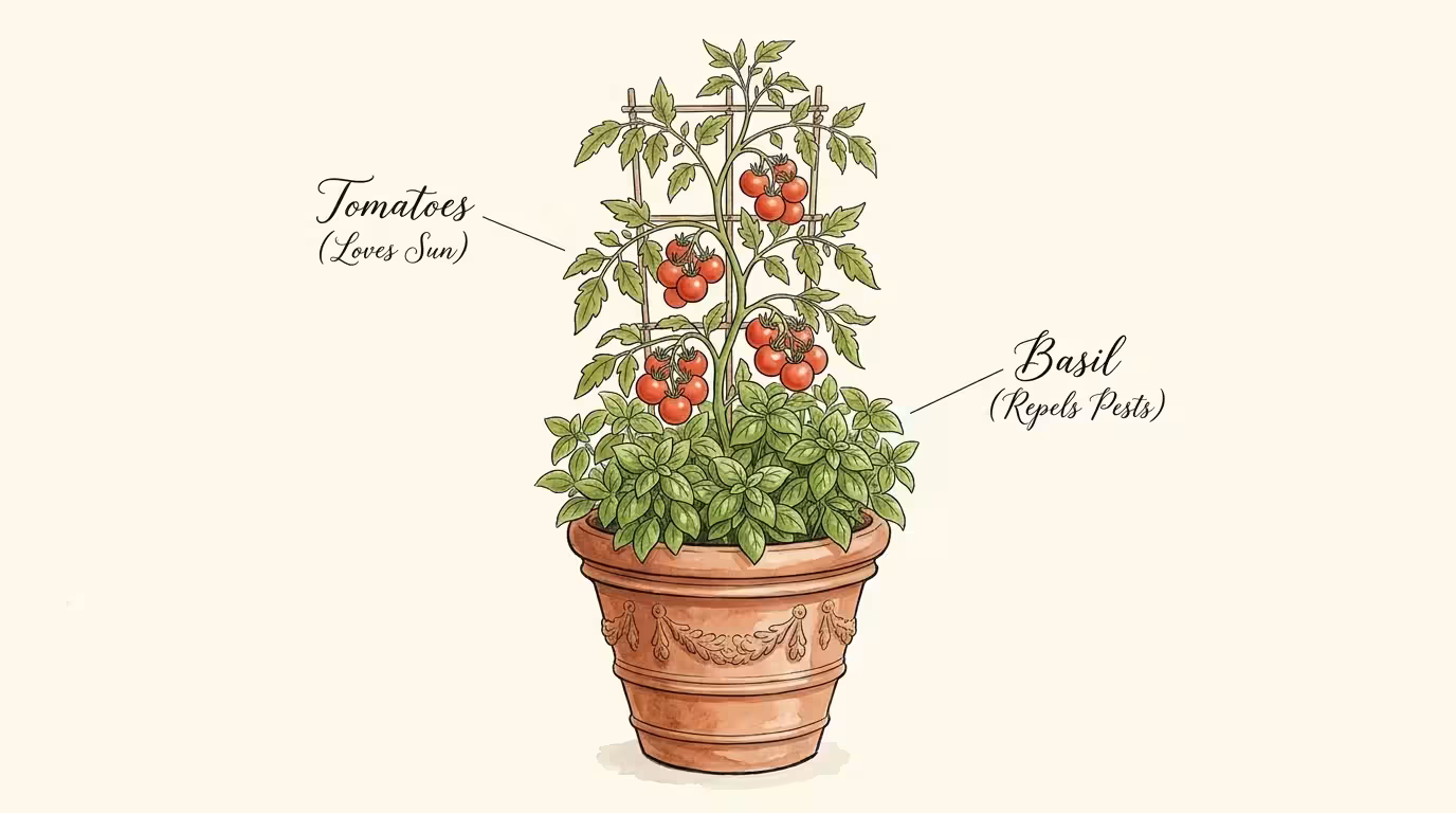 A vintage-style botanical illustration showing tomatoes and basil growing together in a single terracotta pot with hand-lettered labels.