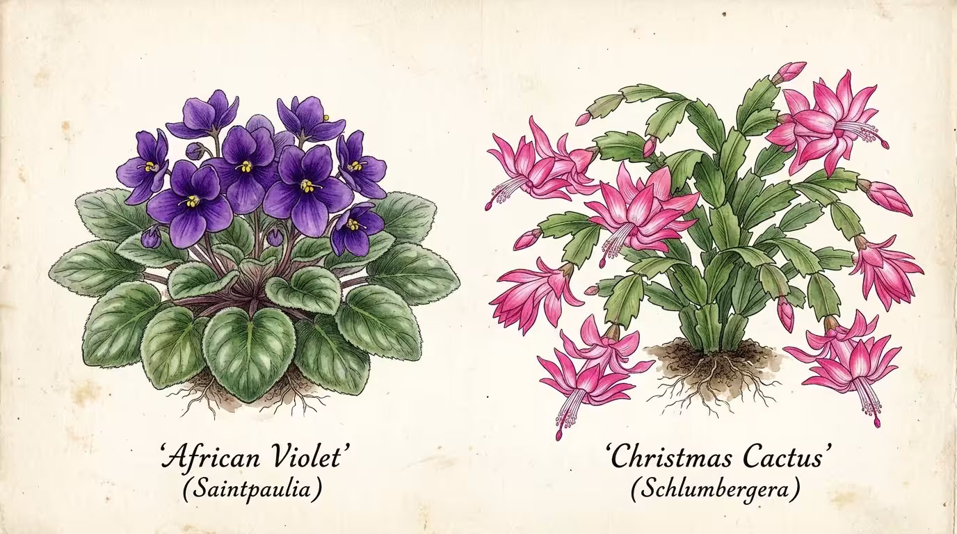 A vintage-style botanical watercolor drawing of a purple African violet and a pink Christmas cactus.