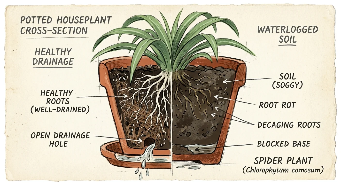 A vintage-style cross-section illustration comparing healthy roots and drainage to waterlogged soil and root rot.