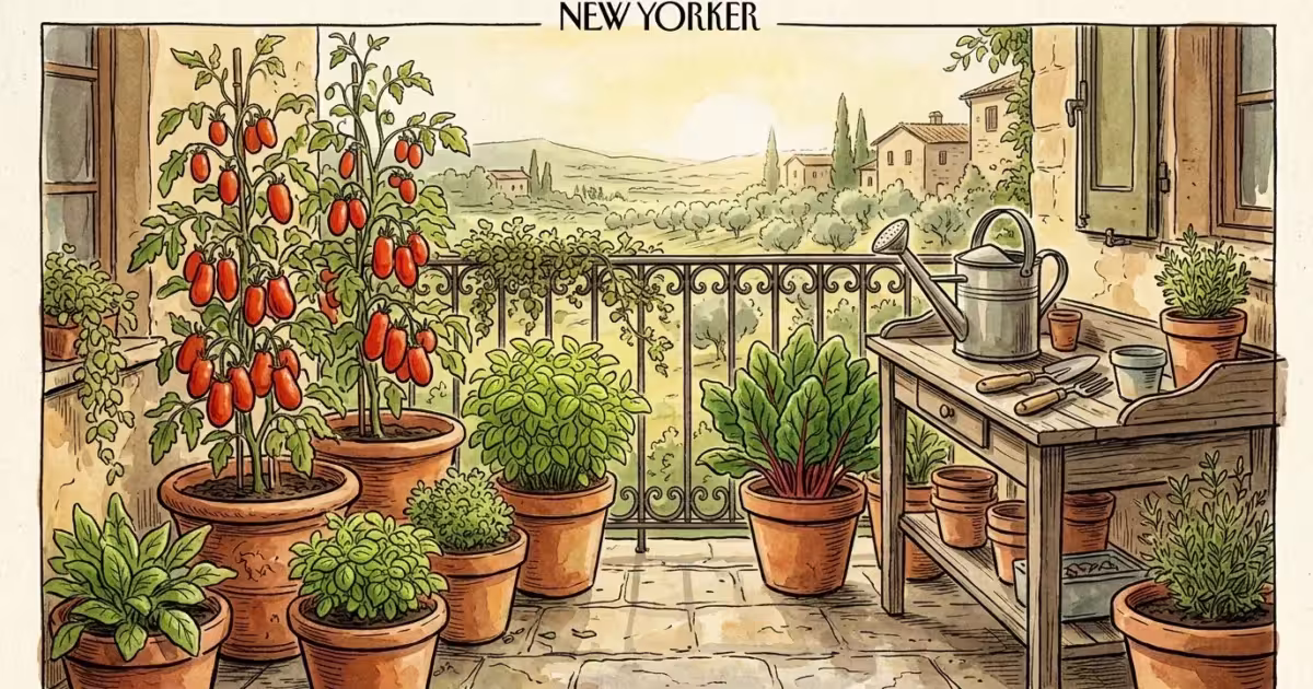 A warm watercolor illustration of a sunny Italian balcony filled with potted tomatoes, basil, and rustic gardening tools.