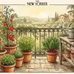 A warm watercolor illustration of a sunny Italian balcony filled with potted tomatoes, basil, and rustic gardening tools.