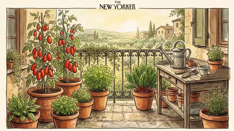 A warm watercolor illustration of a sunny Italian balcony filled with potted tomatoes, basil, and rustic gardening tools.