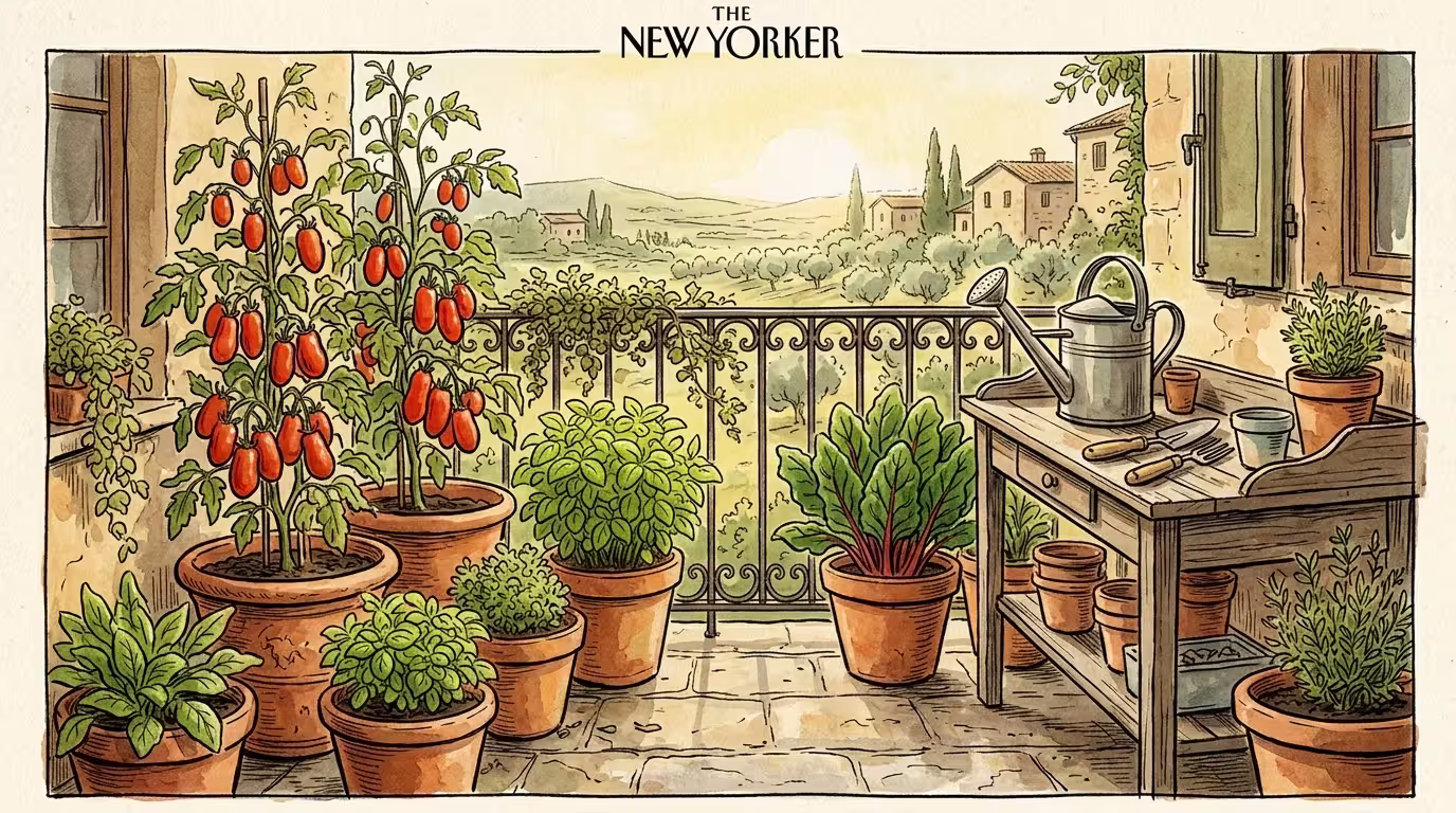 A warm watercolor illustration of a sunny Italian balcony filled with potted tomatoes, basil, and rustic gardening tools.